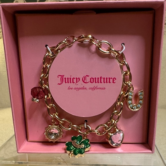 Juicy Couture Jewelry - Juicy Couture Gold Bracelet with Pink and Green Charms NIB